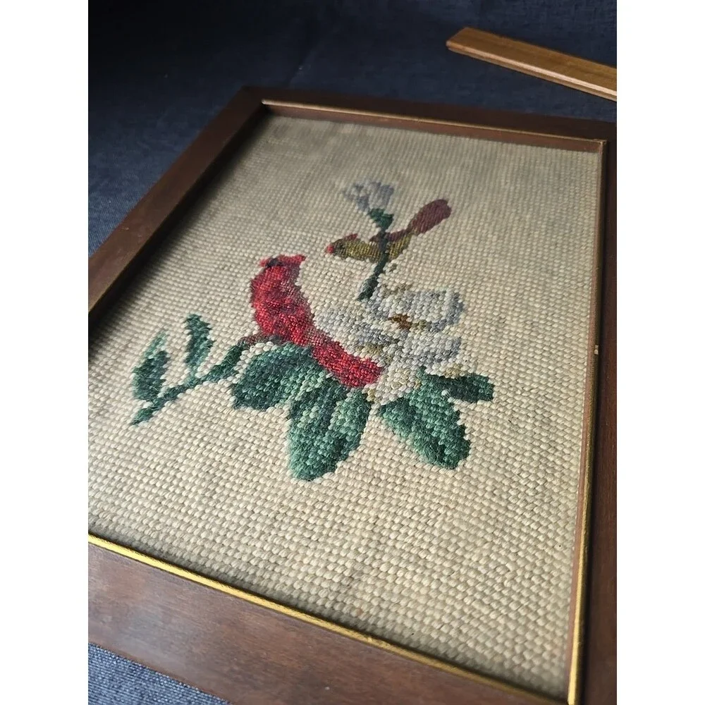 Vintage Framed Handmade Embroidery Needlepoint Red Bird Cardinals With Flowers
